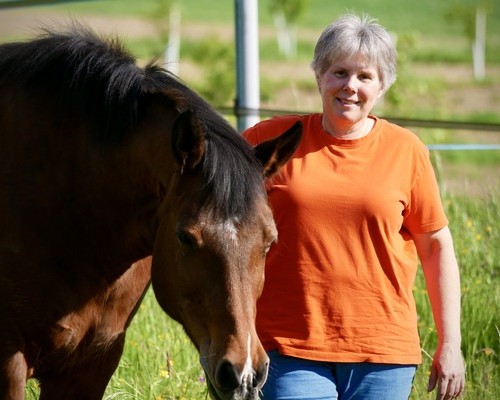 Moi avec la jument Franche Montagne, sa mission m\'accompagner lors des séances de thérapie avec le cheval ou d\'équicoaching.